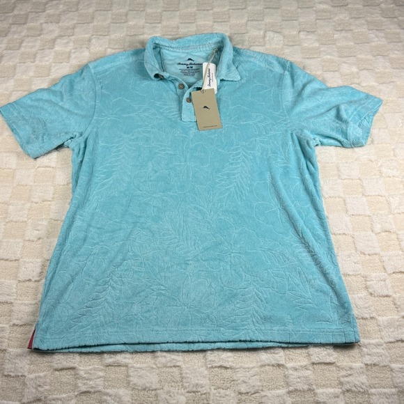 Tommy‎ Bahama Blue Terry Cloth Floral Men's Short Sleeve Button Up Shirt NWT Med - Picture 1 of 12